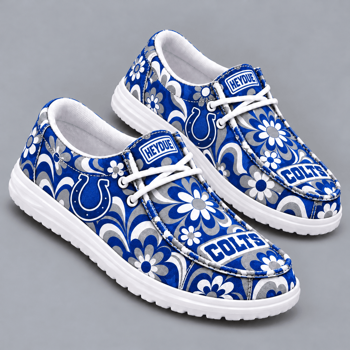 Indianapolis Colts | Premium NFL Retro Groovy Floral Swirl Print HEYDUDE Casual Loafers With Team Logo And Lightweight Comfort Sole NDN cover