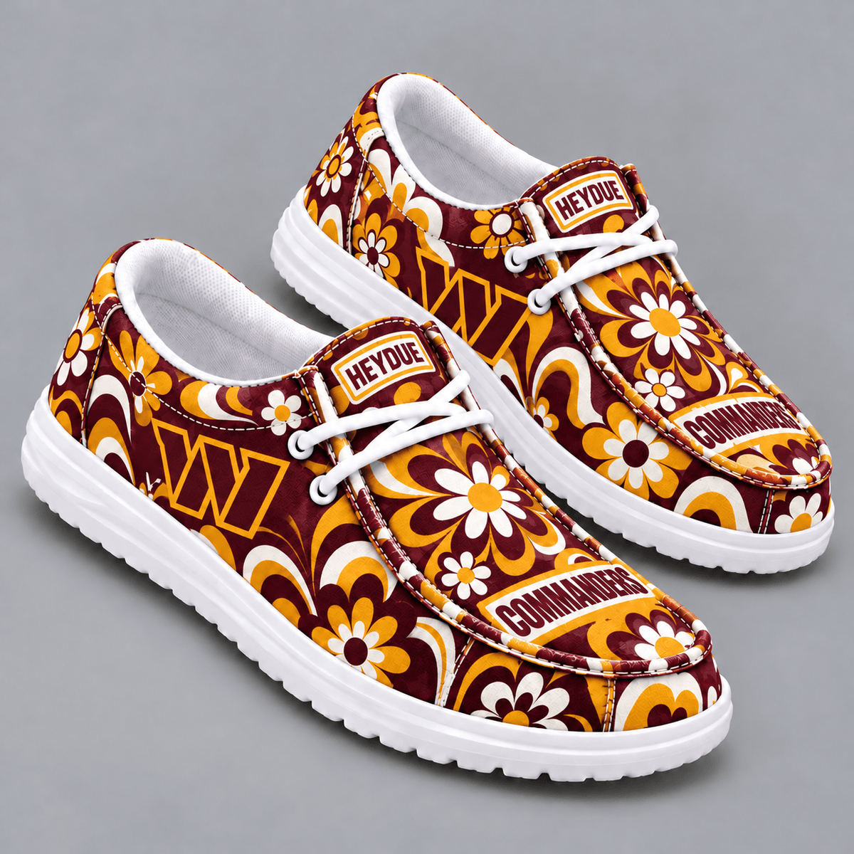 Washington Commanders | Premium NFL Retro Groovy Floral Swirl Print HEYDUDE Casual Loafers With Team Logo And Lightweight Comfort Sole NDN cover