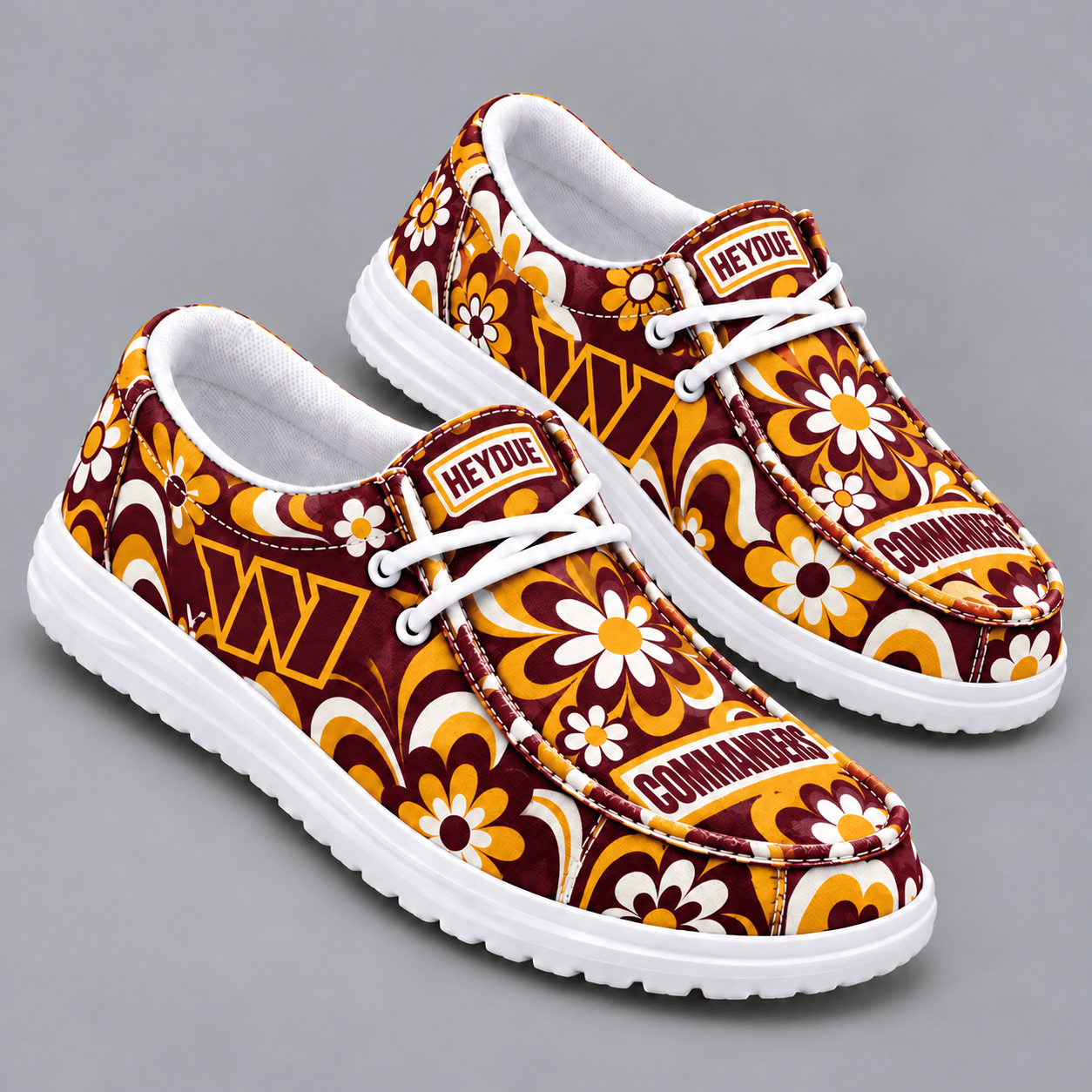 Washington Commanders | Premium NFL Retro Groovy Floral Swirl Print HEYDUDE Casual Loafers With Team Logo And Lightweight Comfort Sole NDN cover