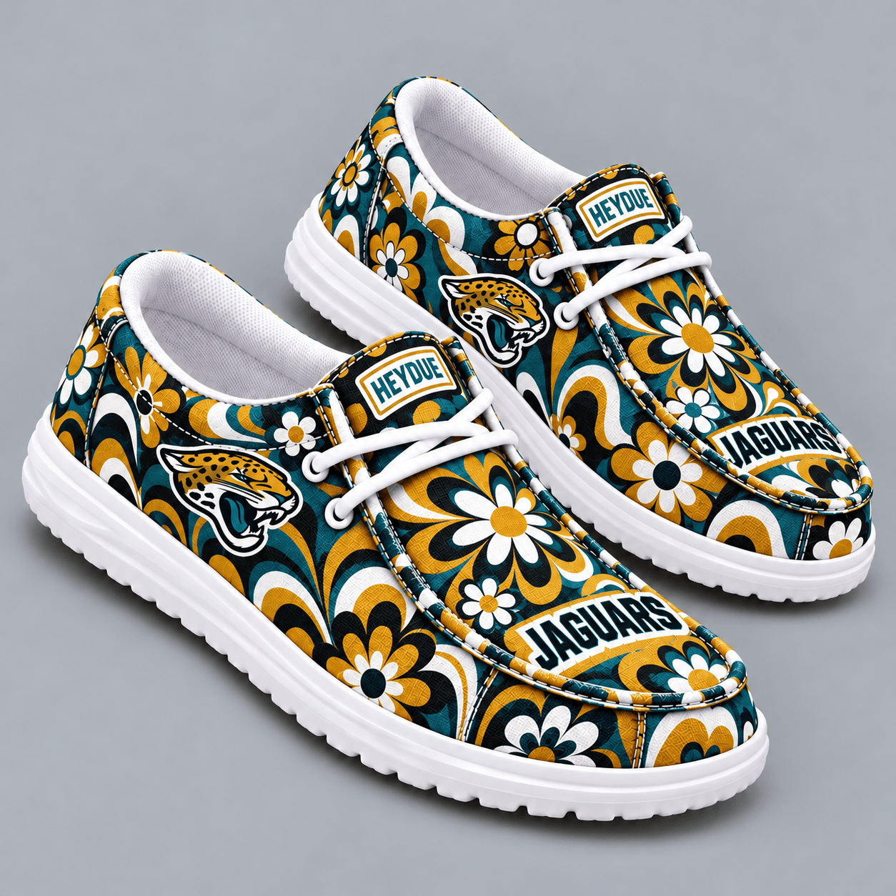 Jacksonville Jaguars | Premium NFL Retro Groovy Floral Swirl Print HEYDUDE Casual Loafers With Team Logo And Lightweight Comfort Sole NDN cover