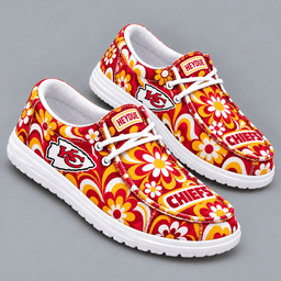Kansas City Chiefs | Premium NFL Retro Groovy Floral Swirl Print HEYDUDE Casual Loafers With Team Logo And Lightweight Comfort Sole NDN cover
