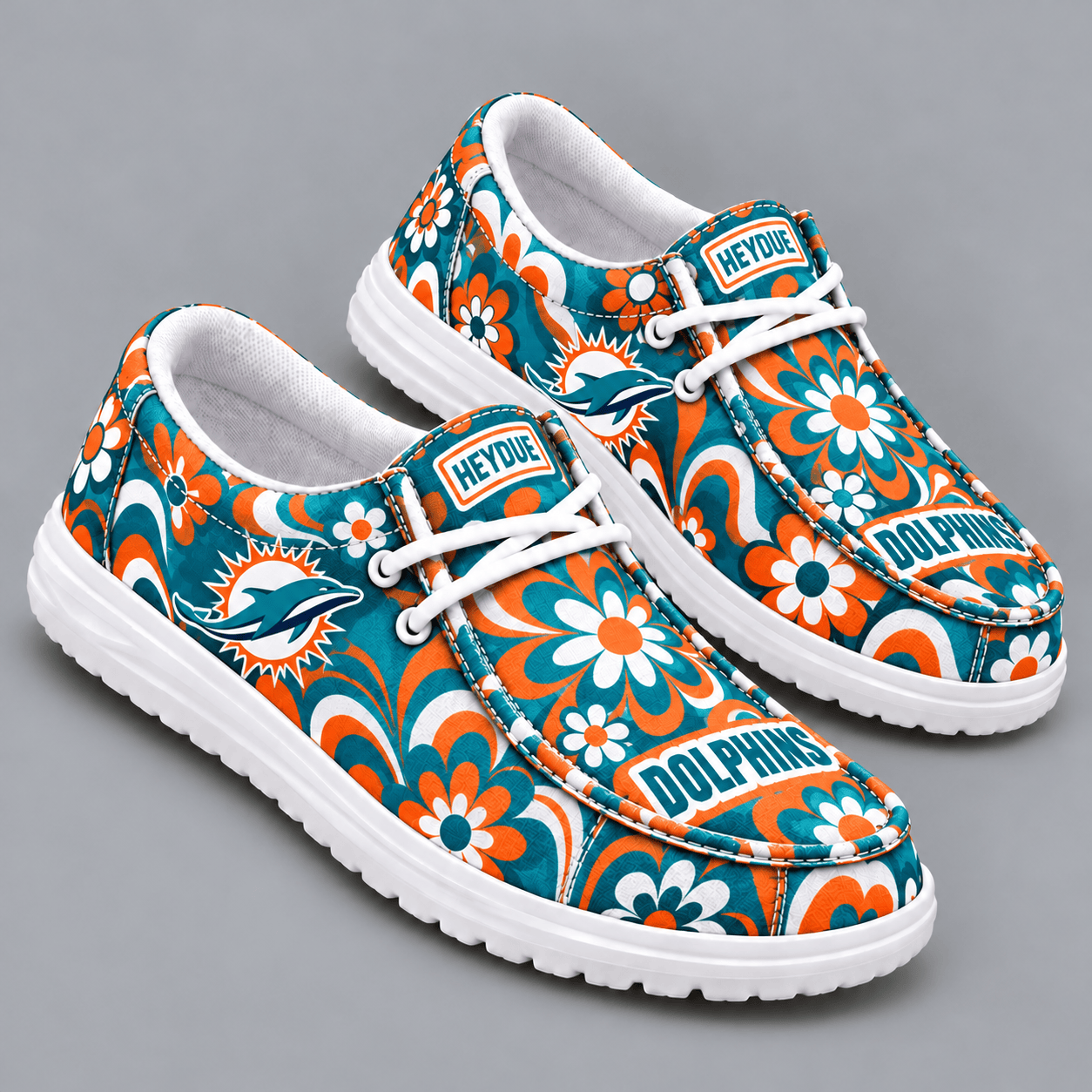 Miami Dolphins | Premium NFL Retro Groovy Floral Swirl Print HEYDUDE Casual Loafers With Team Logo And Lightweight Comfort Sole NDN cover