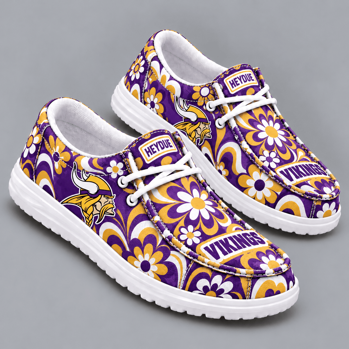 Minnesota Vikings | Premium NFL Retro Groovy Floral Swirl Print HEYDUDE Casual Loafers With Team Logo And Lightweight Comfort Sole NDN cover
