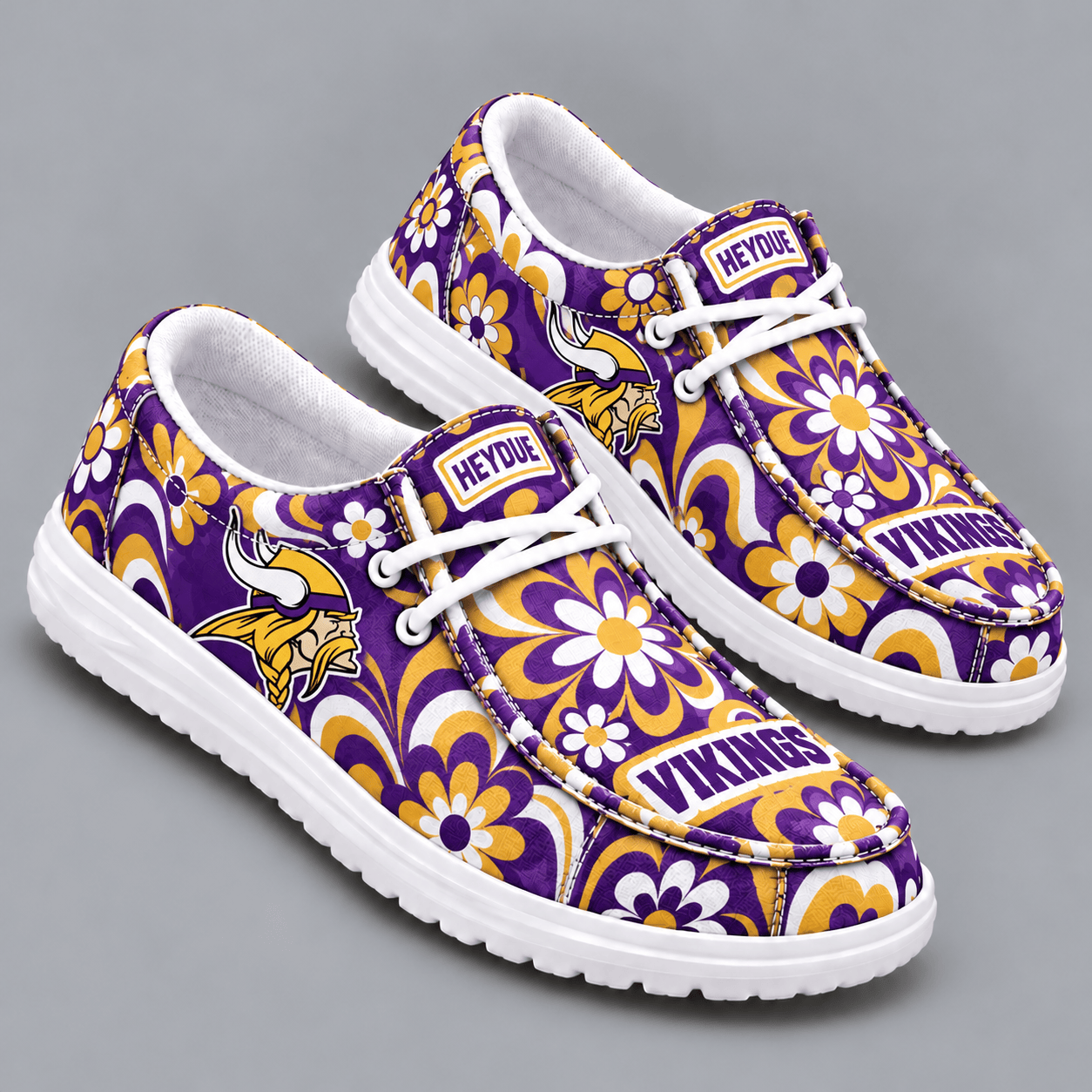 Minnesota Vikings | Premium NFL Retro Groovy Floral Swirl Print HEYDUDE Casual Loafers With Team Logo And Lightweight Comfort Sole NDN cover