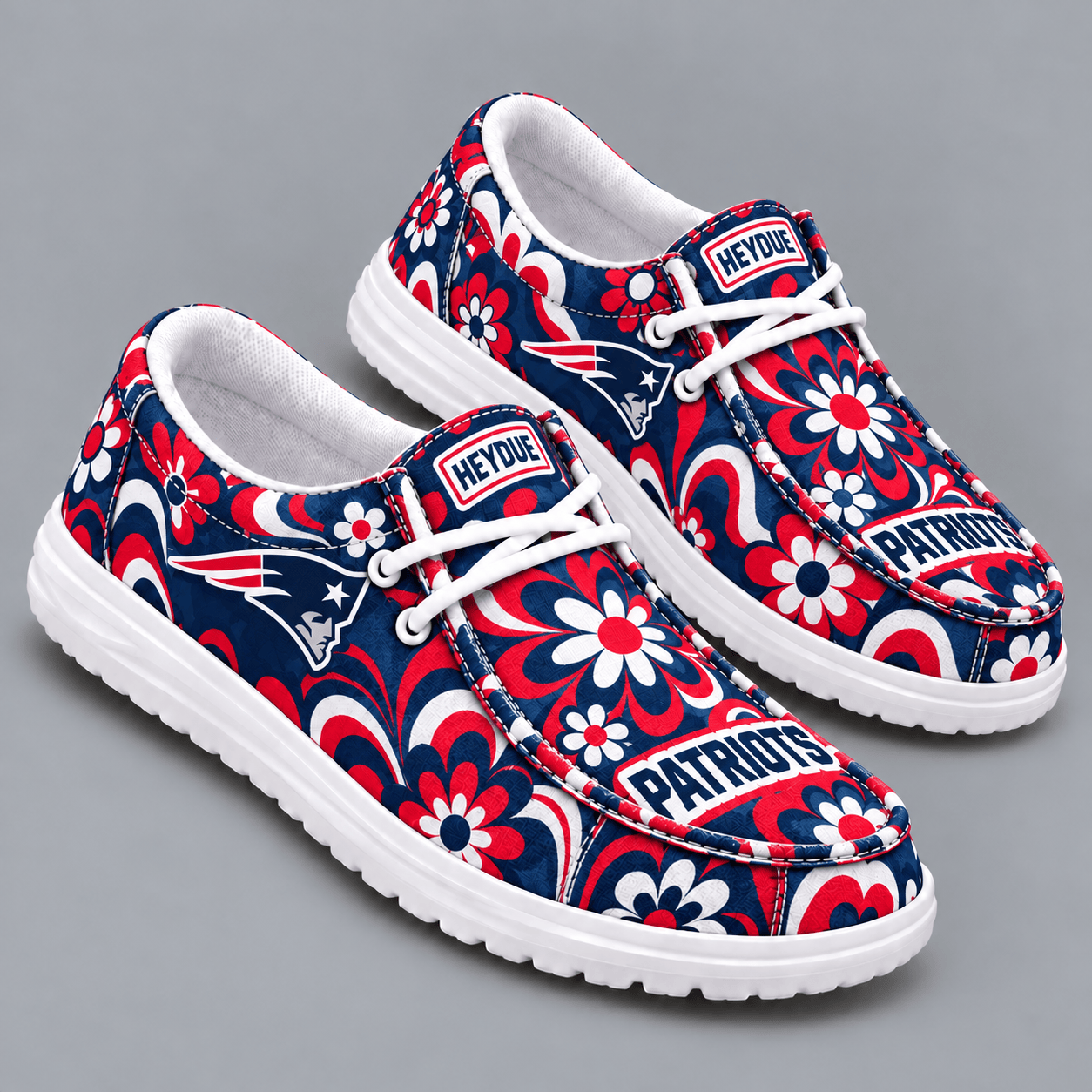New England Patriots | Premium NFL Retro Groovy Floral Swirl Print HEYDUDE Casual Loafers With Team Logo And Lightweight Comfort Sole NDN cover