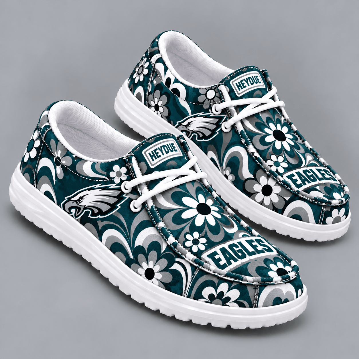 Philadelphia Eagles | Premium NFL Retro Groovy Floral Swirl Print HEYDUDE Casual Loafers With Team Logo And Lightweight Comfort Sole NDN cover