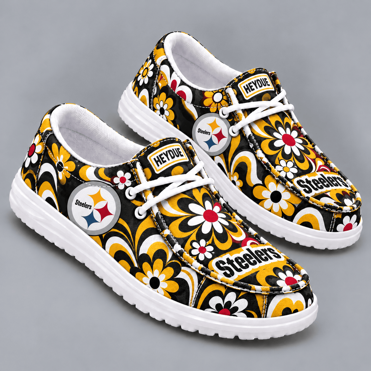 Pittsburgh Steelers | Premium NFL Retro Groovy Floral Swirl Print HEYDUDE Casual Loafers With Team Logo And Lightweight Comfort Sole NDN cover
