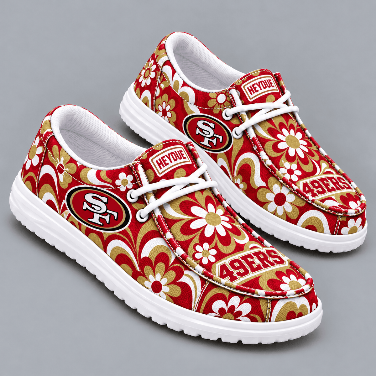 San Francisco 49ers | Premium NFL Retro Groovy Floral Swirl Print HEYDUDE Casual Loafers With Team Logo And Lightweight Comfort Sole NDN cover