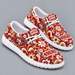 San Francisco 49ers | Premium NFL Retro Groovy Floral Swirl Print HEYDUDE Casual Loafers With Team Logo And Lightweight Comfort Sole NDN cover