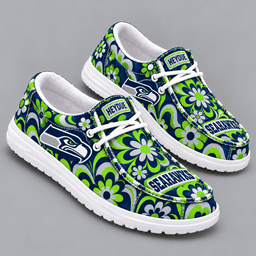 Seattle Seahawks | Premium NFL Retro Groovy Floral Swirl Print HEYDUDE Casual Loafers With Team Logo And Lightweight Comfort Sole NDN cover