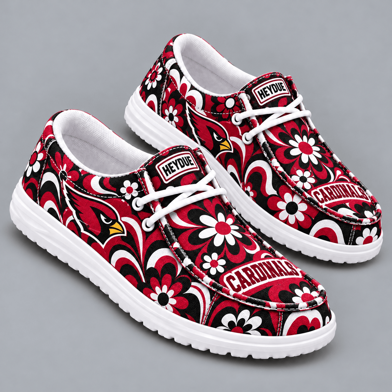 Arizona Cardinals | Premium NFL Retro Groovy Floral Swirl Print HEYDUDE Casual Loafers With Team Logo And Lightweight Comfort Sole NDN cover