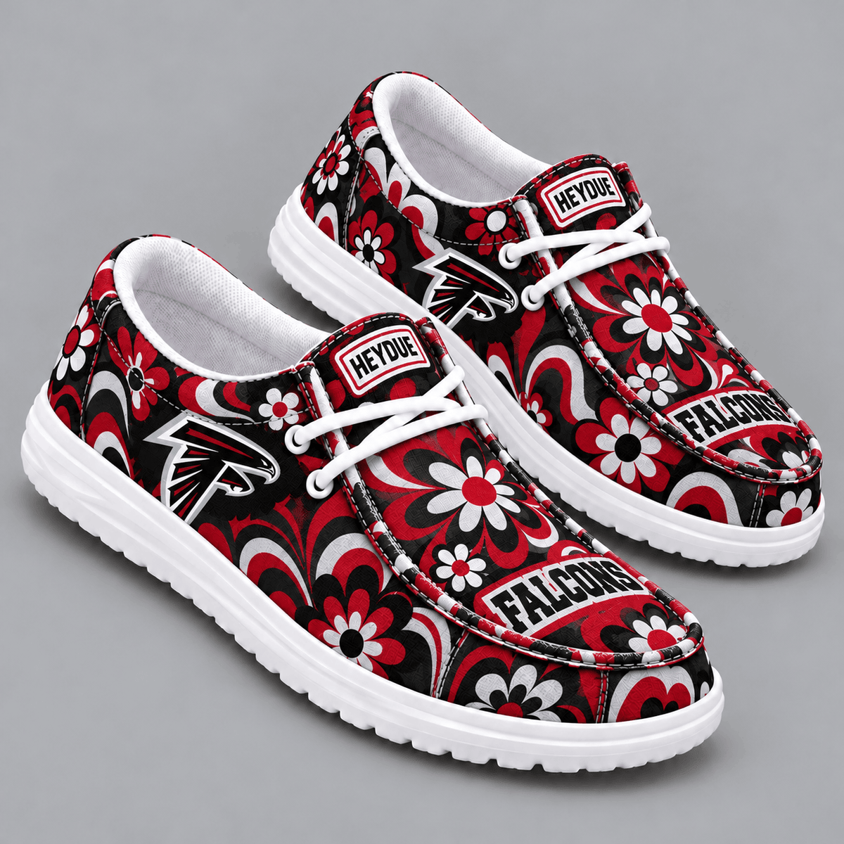 Atlanta Falcons | Premium NFL Retro Groovy Floral Swirl Print HEYDUDE Casual Loafers With Team Logo And Lightweight Comfort Sole NDN cover