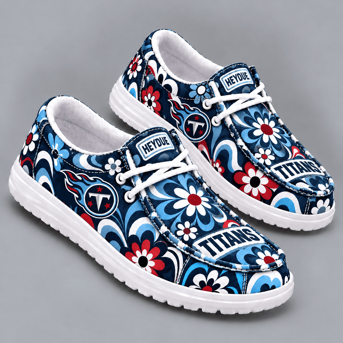 Tennessee Titans | Premium NFL Retro Groovy Floral Swirl Print HEYDUDE Casual Loafers With Team Logo And Lightweight Comfort Sole NDN cover