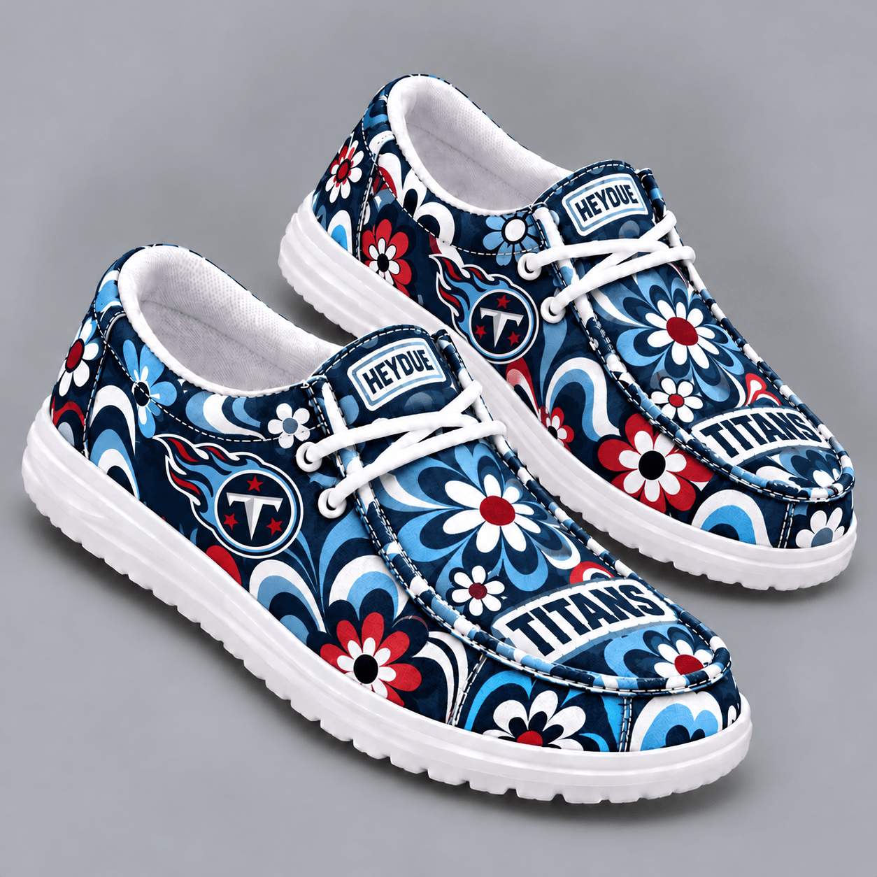 Tennessee Titans | Premium NFL Retro Groovy Floral Swirl Print HEYDUDE Casual Loafers With Team Logo And Lightweight Comfort Sole NDN cover
