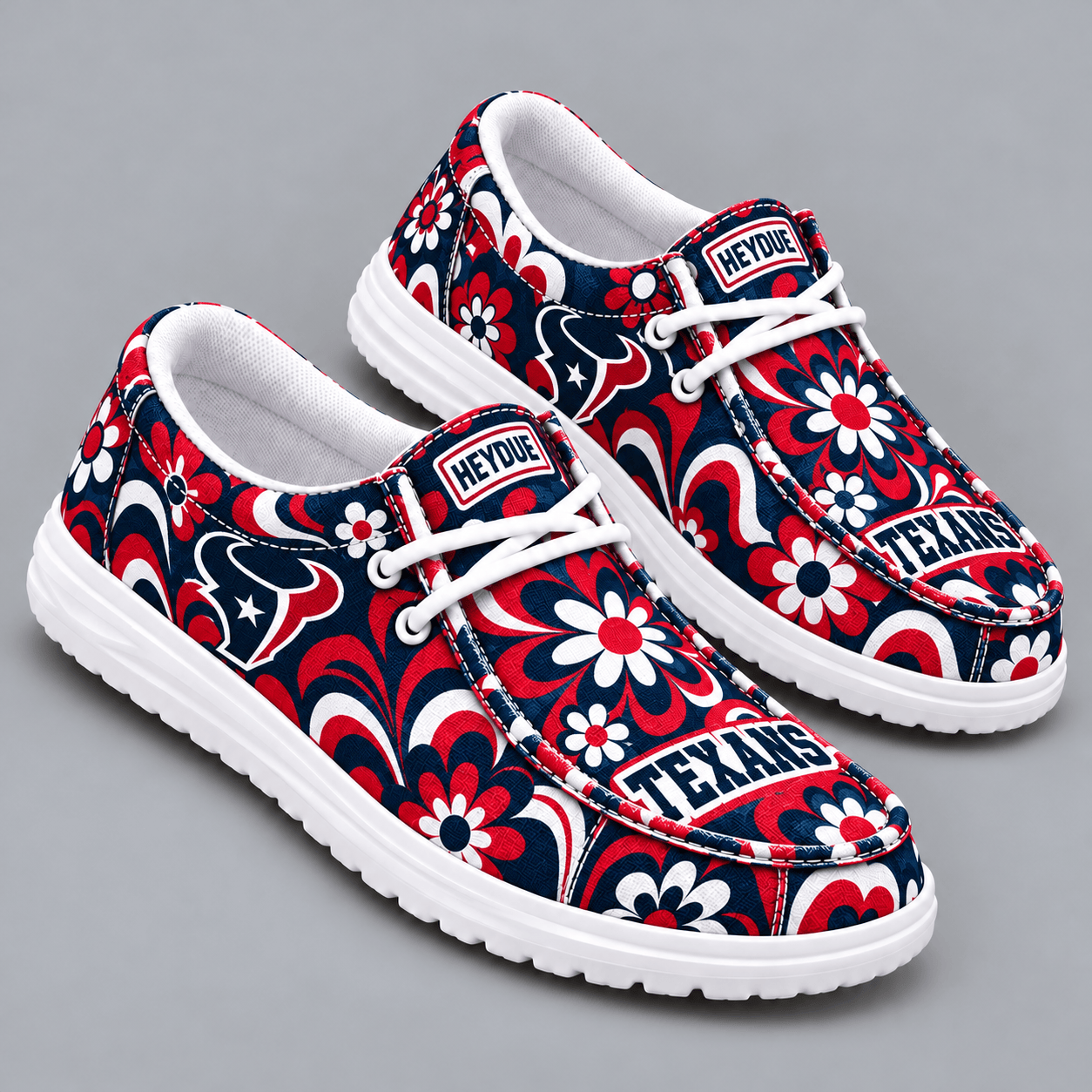 Houston Texans | Premium NFL Retro Groovy Floral Swirl Print HEYDUDE Casual Loafers With Team Logo And Lightweight Comfort Sole NDN cover