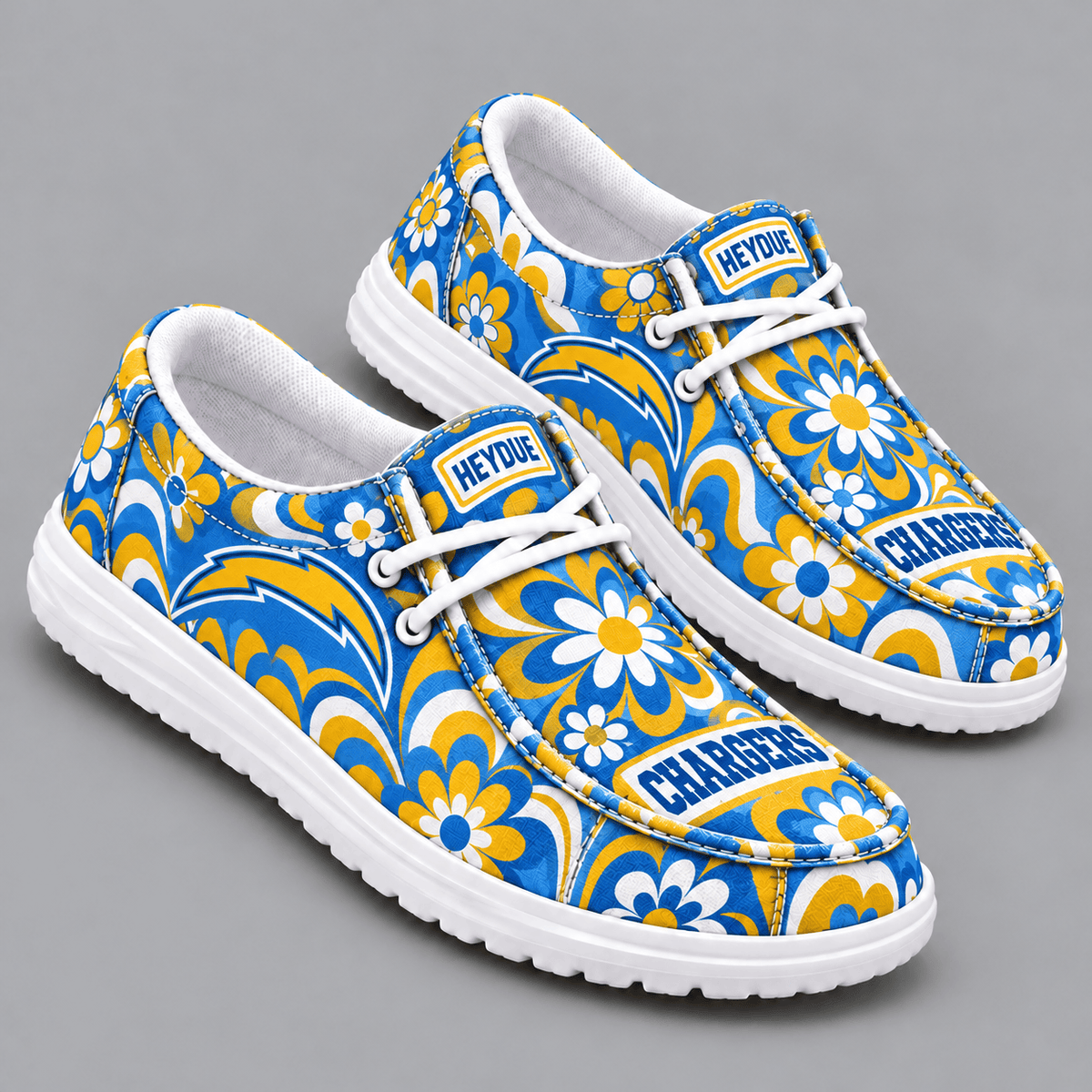 Los Angeles Chargers | Premium NFL Retro Groovy Floral Swirl Print HEYDUDE Casual Loafers With Team Logo And Lightweight Comfort Sole NDN cover