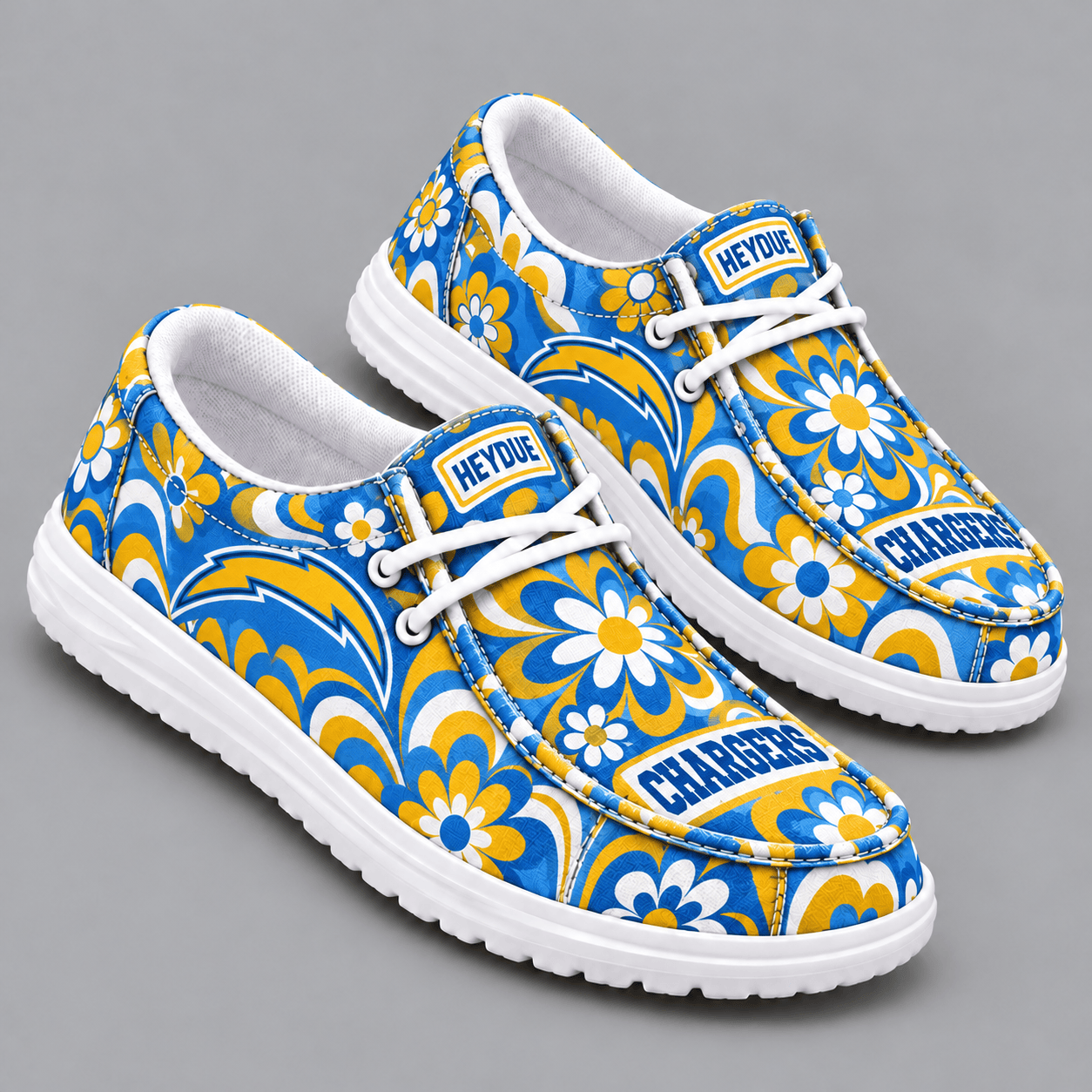 Los Angeles Chargers | Premium NFL Retro Groovy Floral Swirl Print HEYDUDE Casual Loafers With Team Logo And Lightweight Comfort Sole NDN cover