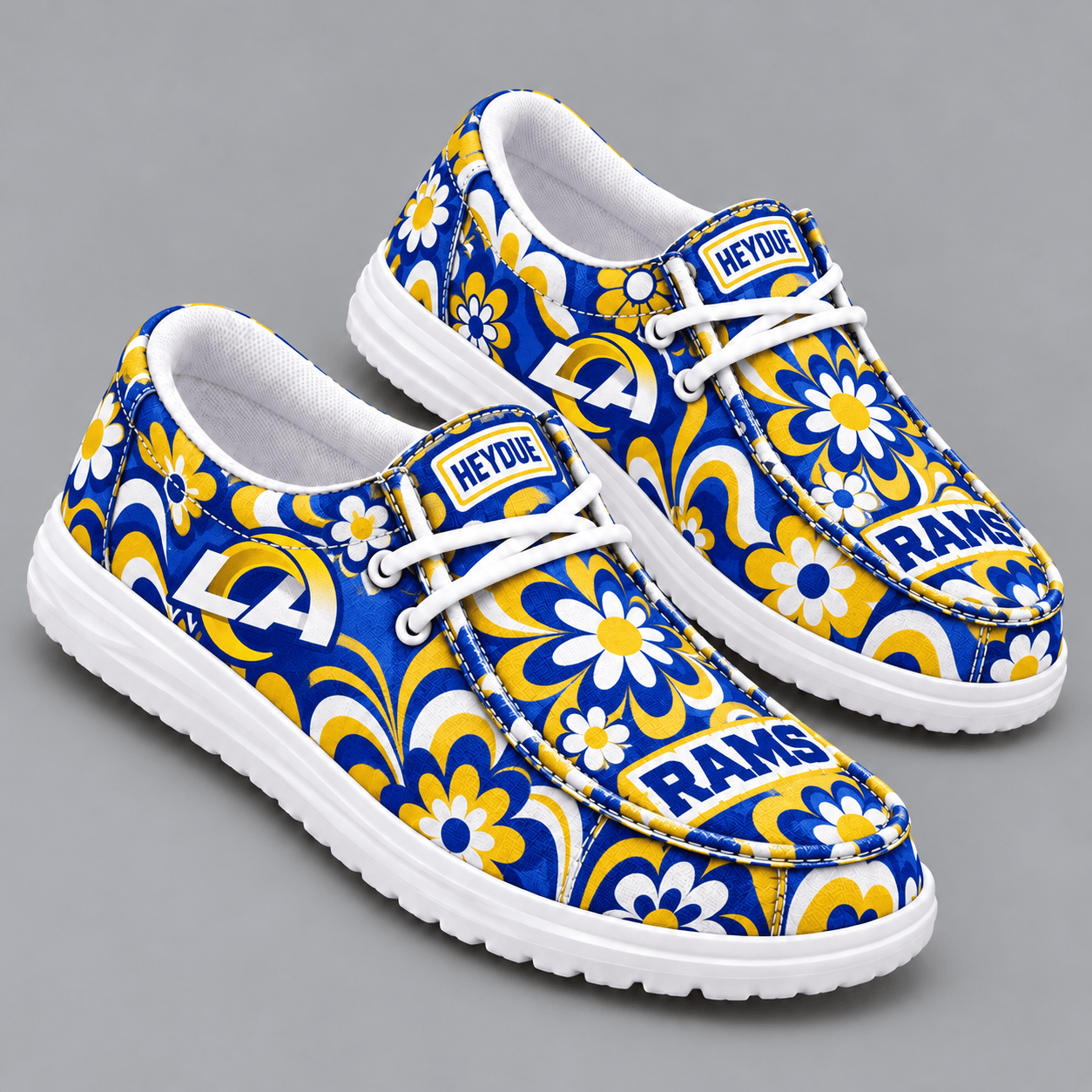 Los Angeles Rams | Premium NFL Retro Groovy Floral Swirl Print HEYDUDE Casual Loafers With Team Logo And Lightweight Comfort Sole NDN cover