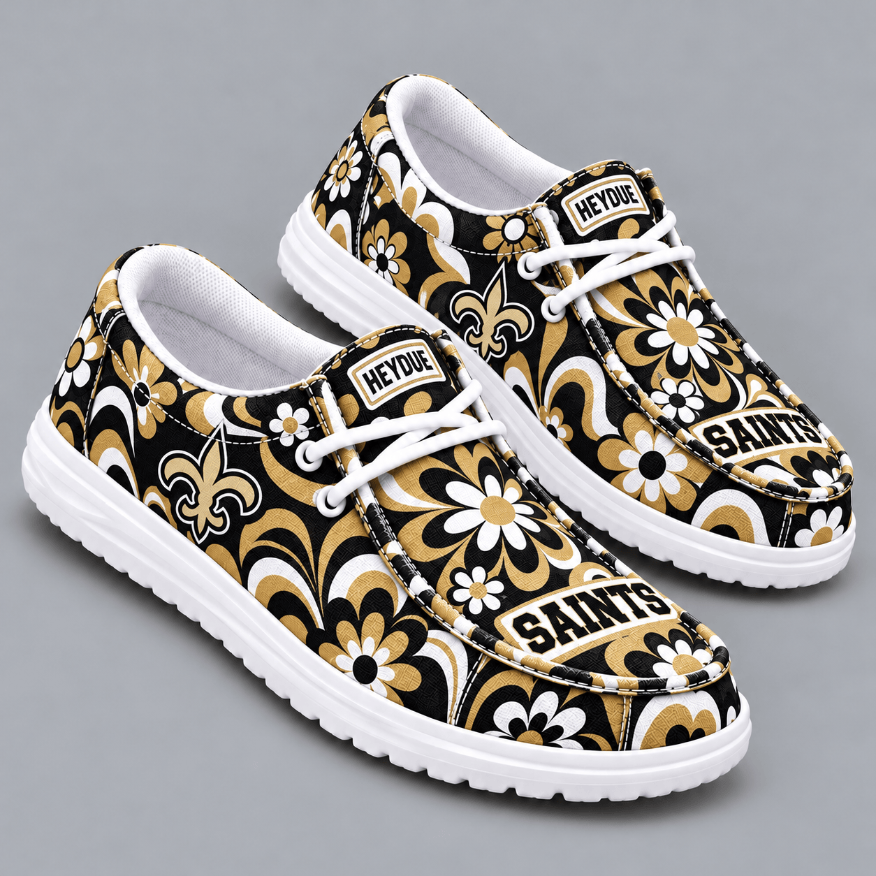 New Orleans Saints | Premium NFL Retro Groovy Floral Swirl Print HEYDUDE Casual Loafers With Team Logo And Lightweight Comfort Sole NDN cover