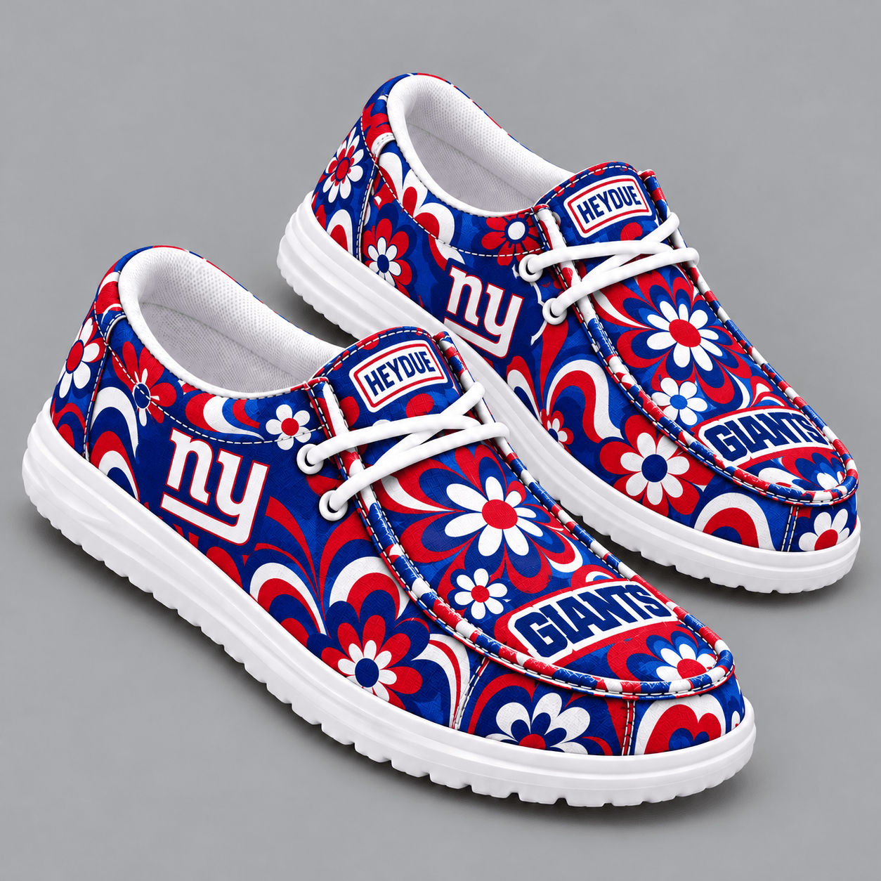 New York Giants | Premium NFL Retro Groovy Floral Swirl Print HEYDUDE Casual Loafers With Team Logo And Lightweight Comfort Sole NDN cover