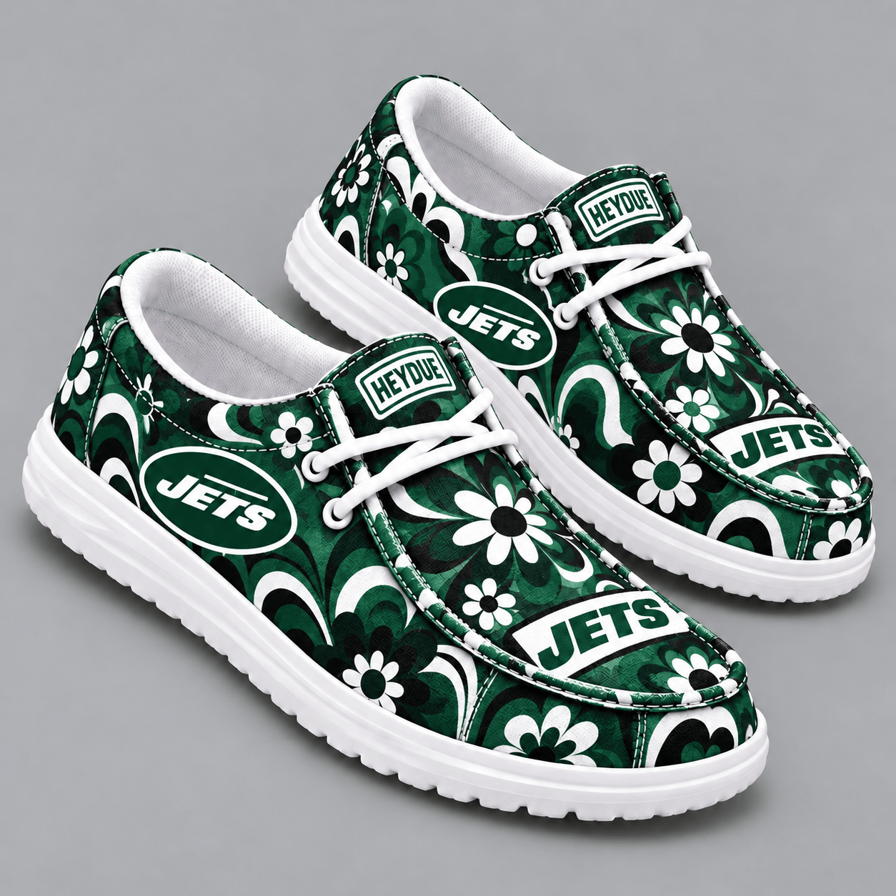 New York Jets | Premium NFL Retro Groovy Floral Swirl Print HEYDUDE Casual Loafers With Team Logo And Lightweight Comfort Sole NDN cover
