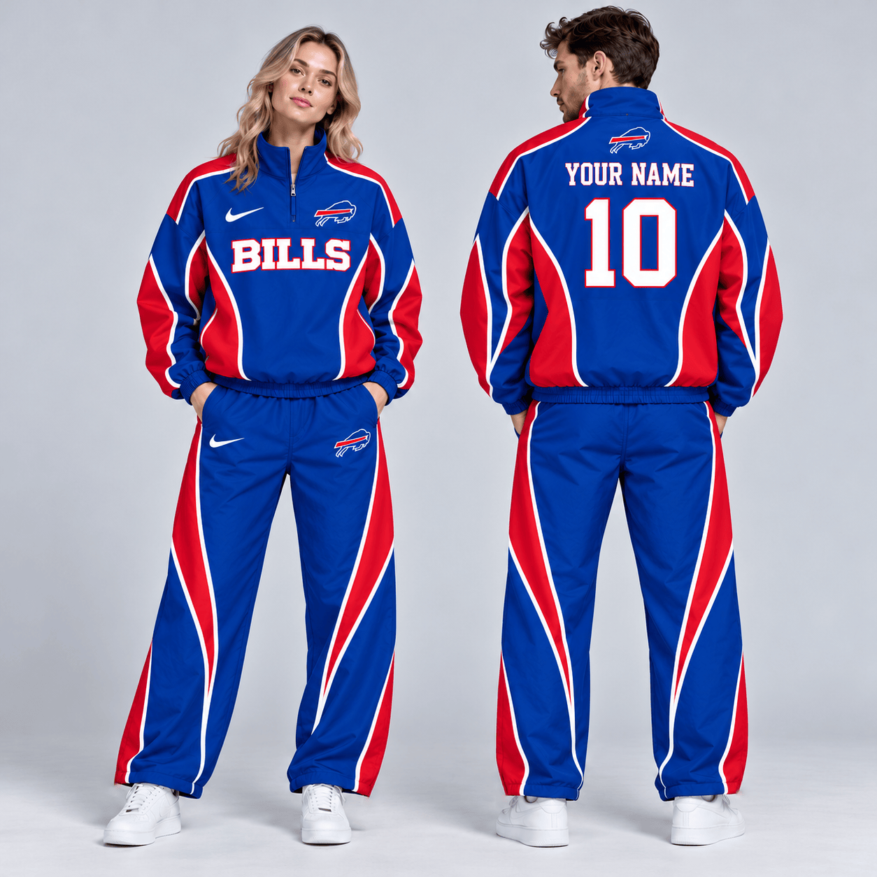Buffalo Bills | Premium NFL Custom Name Number Sporty Curve Panel Quarter Zip Pullover Jacket And Wide Leg Pants Tracksuit Set NDN cover