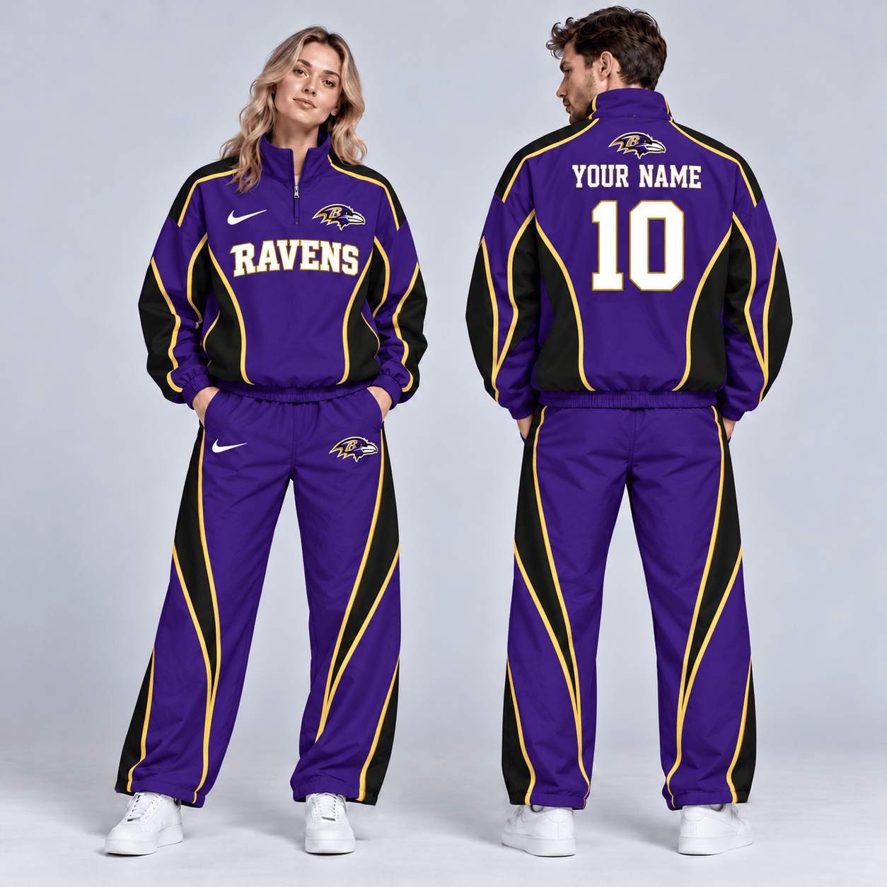Baltimore Ravens | Premium NFL Custom Name Number Sporty Curve Panel Quarter Zip Pullover Jacket And Wide Leg Pants Tracksuit Set NDN cover