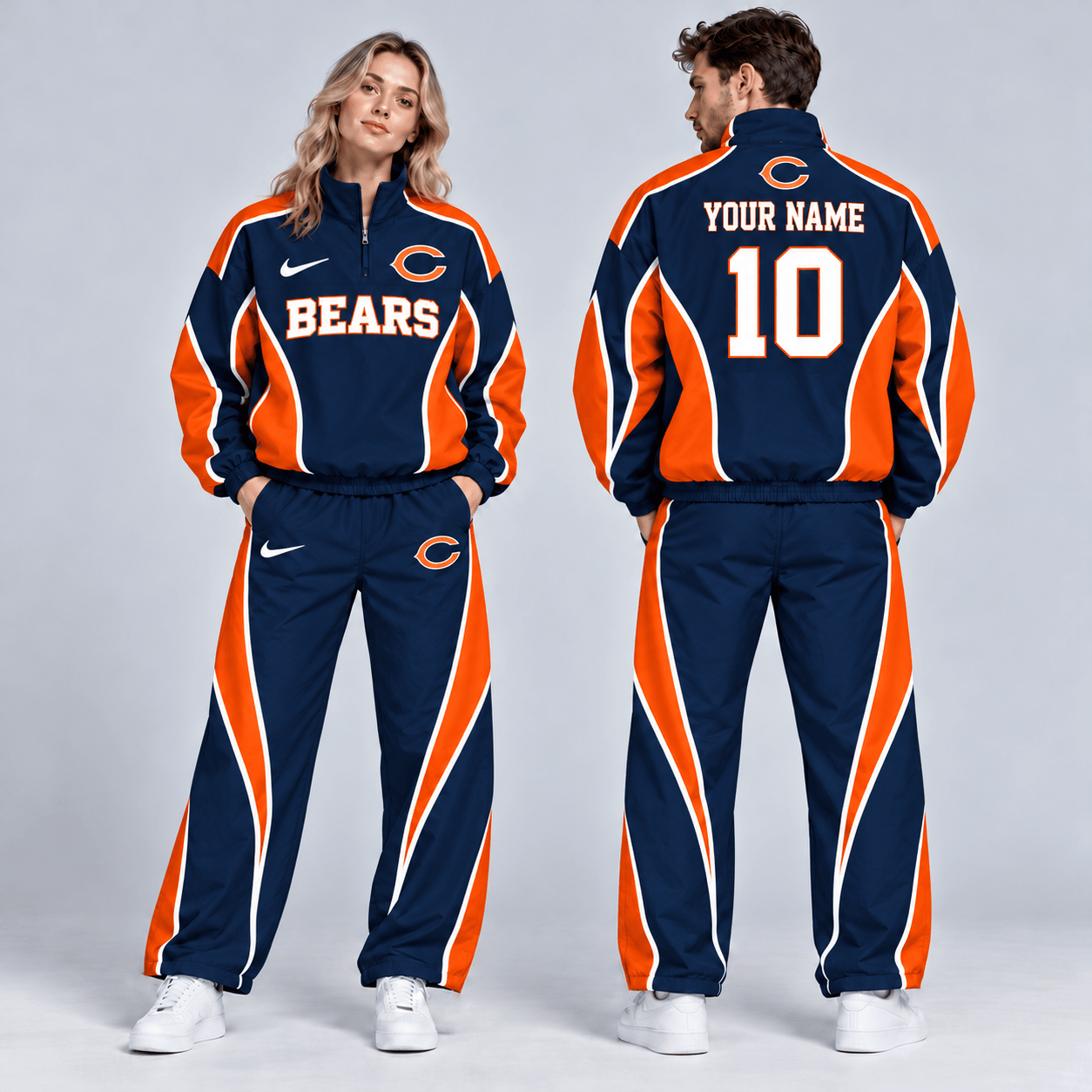 Chicago Bears | Premium NFL Custom Name Number Sporty Curve Panel Quarter Zip Pullover Jacket And Wide Leg Pants Tracksuit Set NDN cover