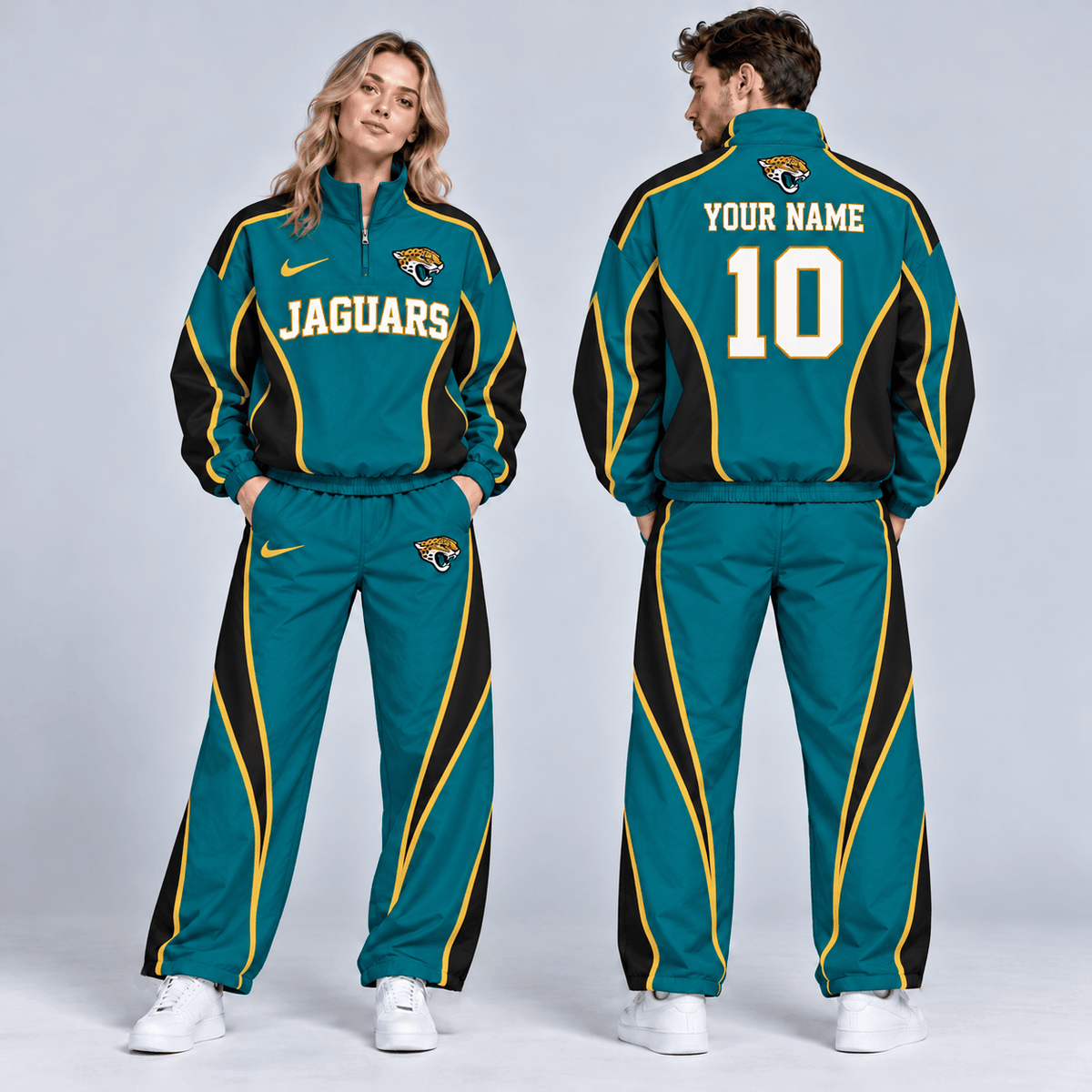 Jacksonville Jaguars | Premium NFL Custom Name Number Sporty Curve Panel Quarter Zip Pullover Jacket And Wide Leg Pants Tracksuit Set NDN cover