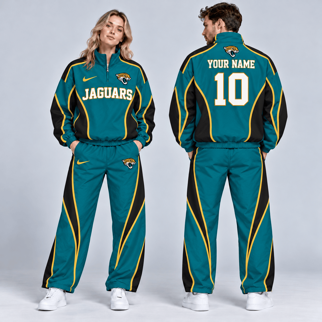 Jacksonville Jaguars | Premium NFL Custom Name Number Sporty Curve Panel Quarter Zip Pullover Jacket And Wide Leg Pants Tracksuit Set NDN cover