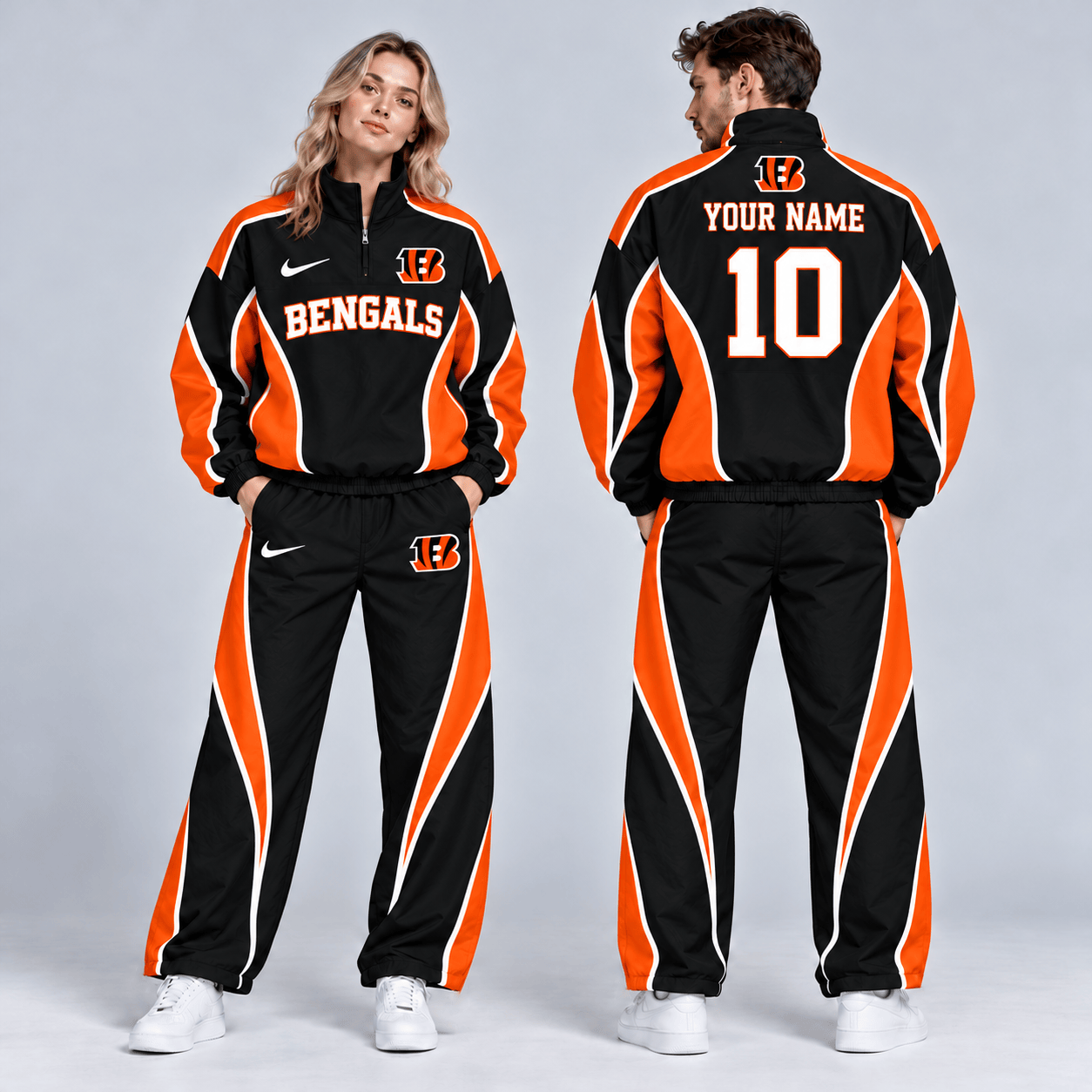 Cincinnati Bengals | Premium NFL Custom Name Number Sporty Curve Panel Quarter Zip Pullover Jacket And Wide Leg Pants Tracksuit Set NDN cover