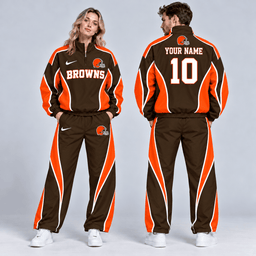 Cleveland Browns | Premium NFL Custom Name Number Sporty Curve Panel Quarter Zip Pullover Jacket And Wide Leg Pants Tracksuit Set NDN cover