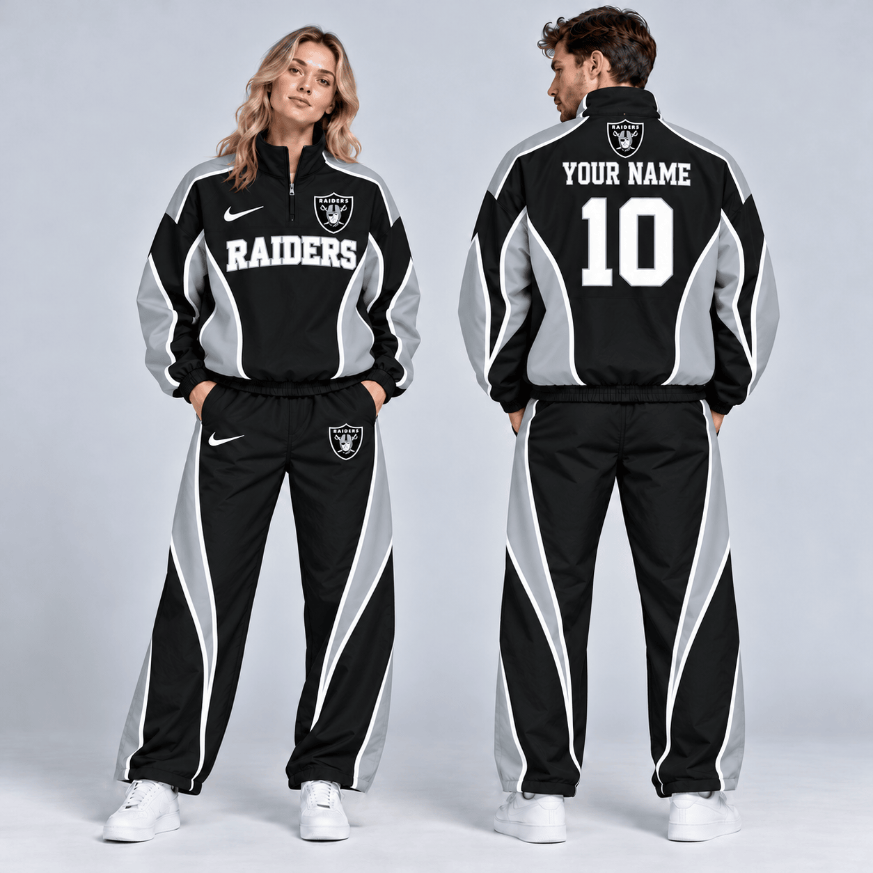 Las Vegas Raiders | Premium NFL Custom Name Number Sporty Curve Panel Quarter Zip Pullover Jacket And Wide Leg Pants Tracksuit Set NDN cover