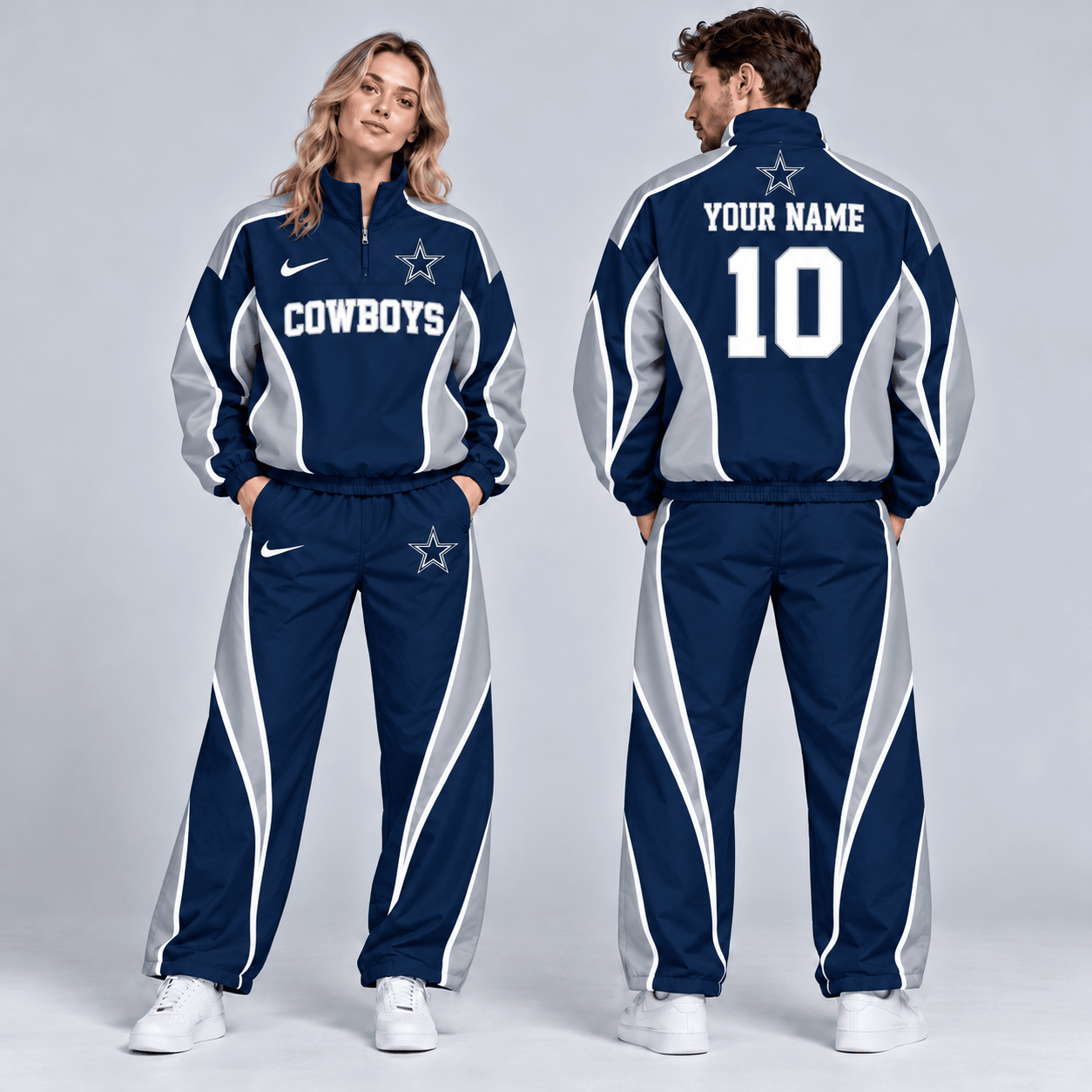 Dallas Cowboys | Premium NFL Custom Name Number Sporty Curve Panel Quarter Zip Pullover Jacket And Wide Leg Pants Tracksuit Set NDN cover