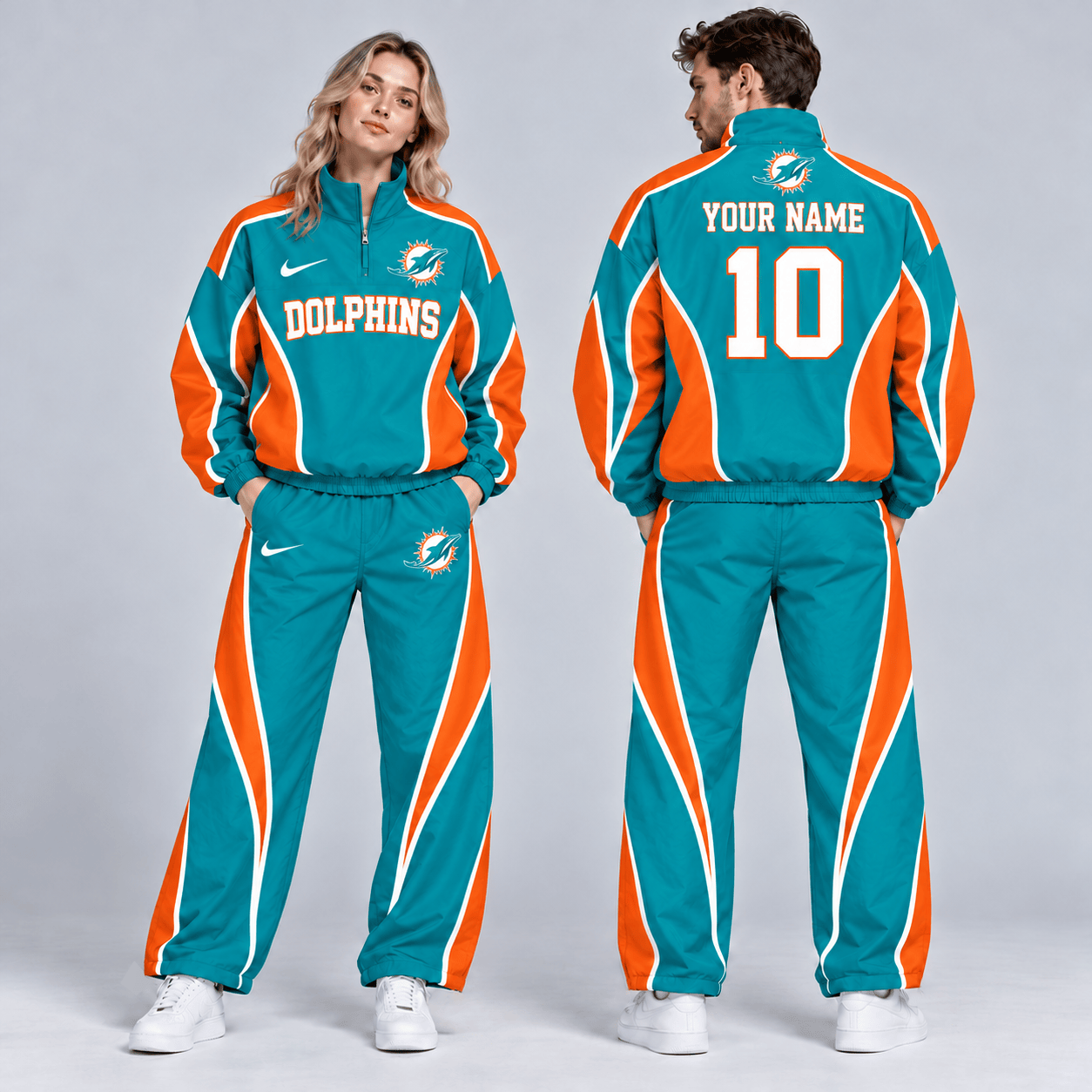 Miami Dolphins | Premium NFL Custom Name Number Sporty Curve Panel Quarter Zip Pullover Jacket And Wide Leg Pants Tracksuit Set NDN cover
