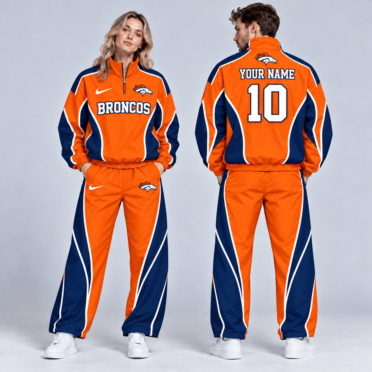 Denver Broncos | Premium NFL Custom Name Number Sporty Curve Panel Quarter Zip Pullover Jacket And Wide Leg Pants Tracksuit Set NDN cover
