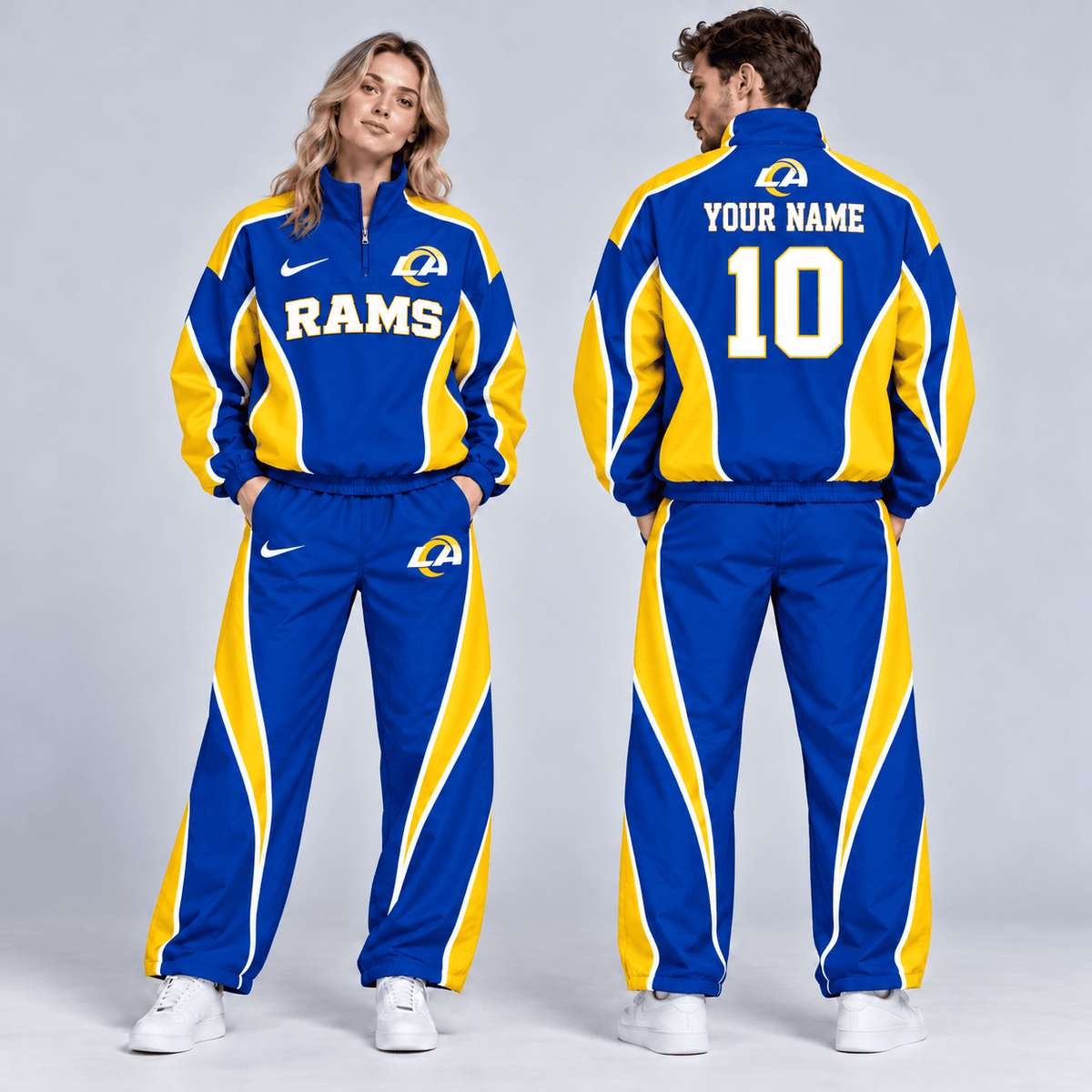 Los Angeles Rams | Premium NFL Custom Name Number Sporty Curve Panel Quarter Zip Pullover Jacket And Wide Leg Pants Tracksuit Set NDN cover