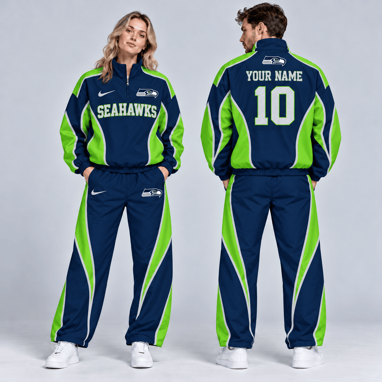 Seattle Seahawks | Premium NFL Custom Name Number Sporty Curve Panel Quarter Zip Pullover Jacket And Wide Leg Pants Tracksuit Set NDN cover