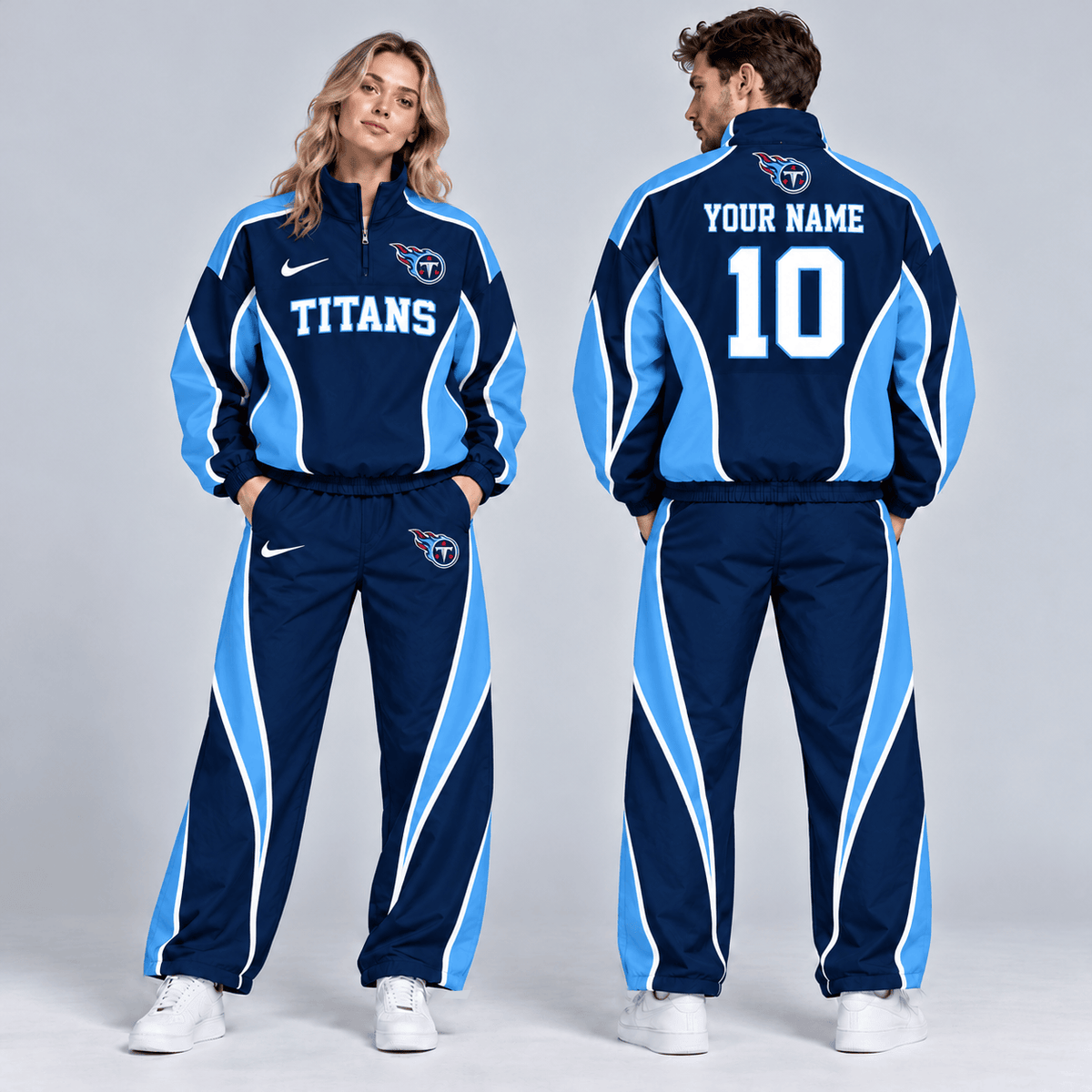 Tennessee Titans | Premium NFL Custom Name Number Sporty Curve Panel Quarter Zip Pullover Jacket And Wide Leg Pants Tracksuit Set NDN cover