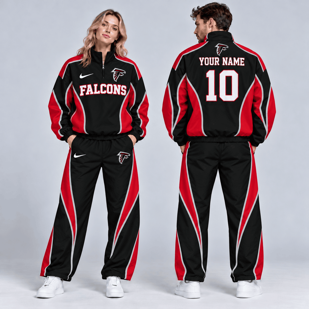 Atlanta Falcons | Premium NFL Custom Name Number Sporty Curve Panel Quarter Zip Pullover Jacket And Wide Leg Pants Tracksuit Set NDN cover
