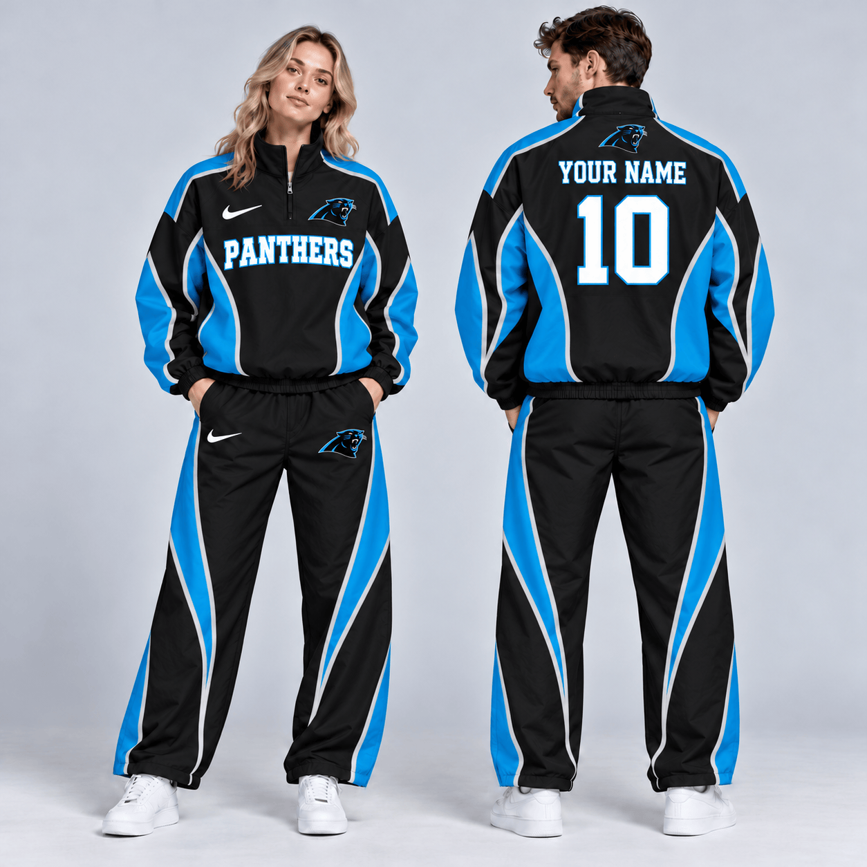 Carolina Panthers | Premium NFL Custom Name Number Sporty Curve Panel Quarter Zip Pullover Jacket And Wide Leg Pants Tracksuit Set NDN cover