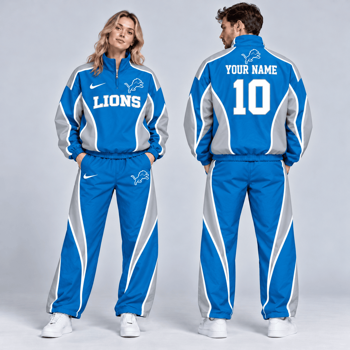 Detroit Lions | Premium NFL Custom Name Number Sporty Curve Panel Quarter Zip Pullover Jacket And Wide Leg Pants Tracksuit Set NDN cover