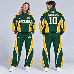 Green Bay Packers | Premium NFL Custom Name Number Sporty Curve Panel Quarter Zip Pullover Jacket And Wide Leg Pants Tracksuit Set NDN cover