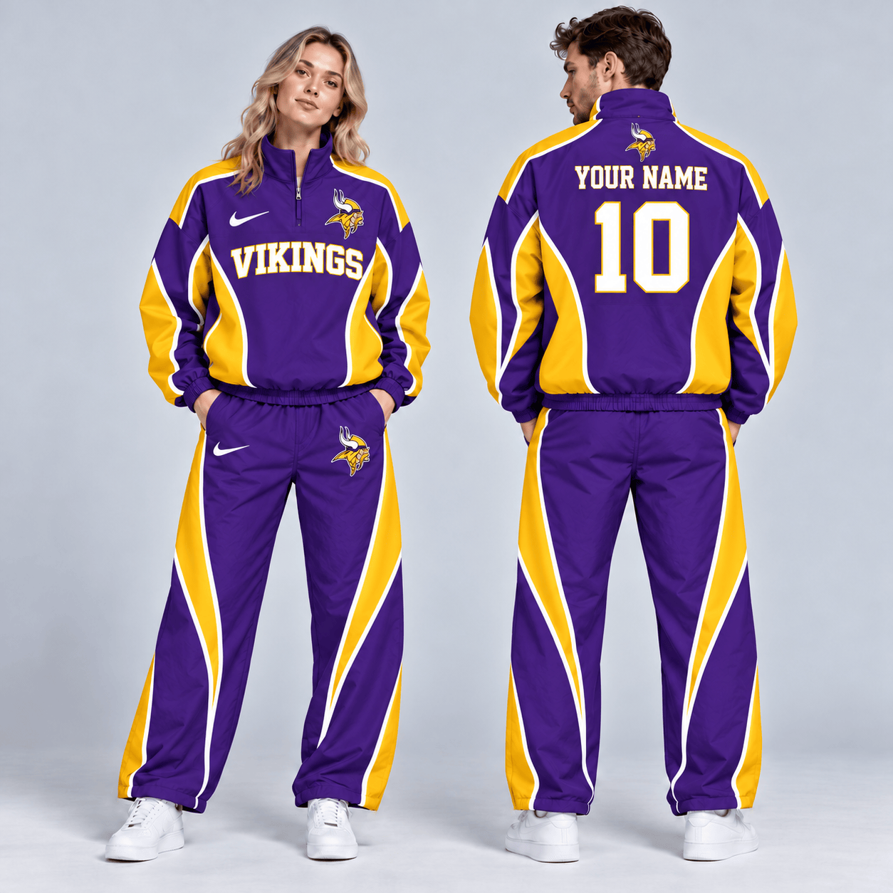 Minnesota Vikings | Premium NFL Custom Name Number Sporty Curve Panel Quarter Zip Pullover Jacket And Wide Leg Pants Tracksuit Set NDN cover