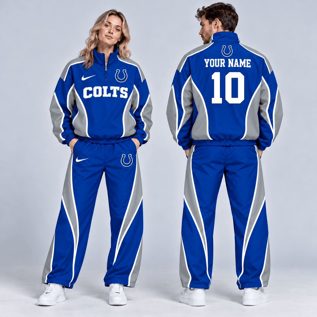Indianapolis Colts | Premium NFL Custom Name Number Sporty Curve Panel Quarter Zip Pullover Jacket And Wide Leg Pants Tracksuit Set NDN cover