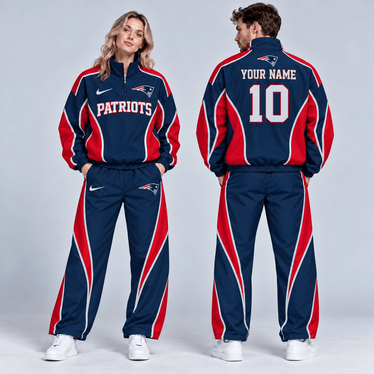 New England Patriots | Premium NFL Custom Name Number Sporty Curve Panel Quarter Zip Pullover Jacket And Wide Leg Pants Tracksuit Set NDN cover