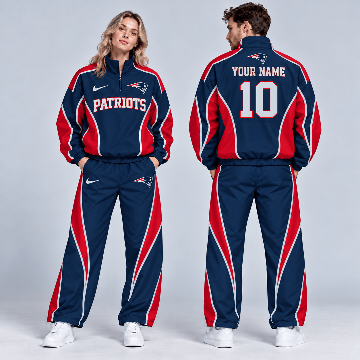 New England Patriots | Premium NFL Custom Name Number Sporty Curve Panel Quarter Zip Pullover Jacket And Wide Leg Pants Tracksuit Set NDN cover