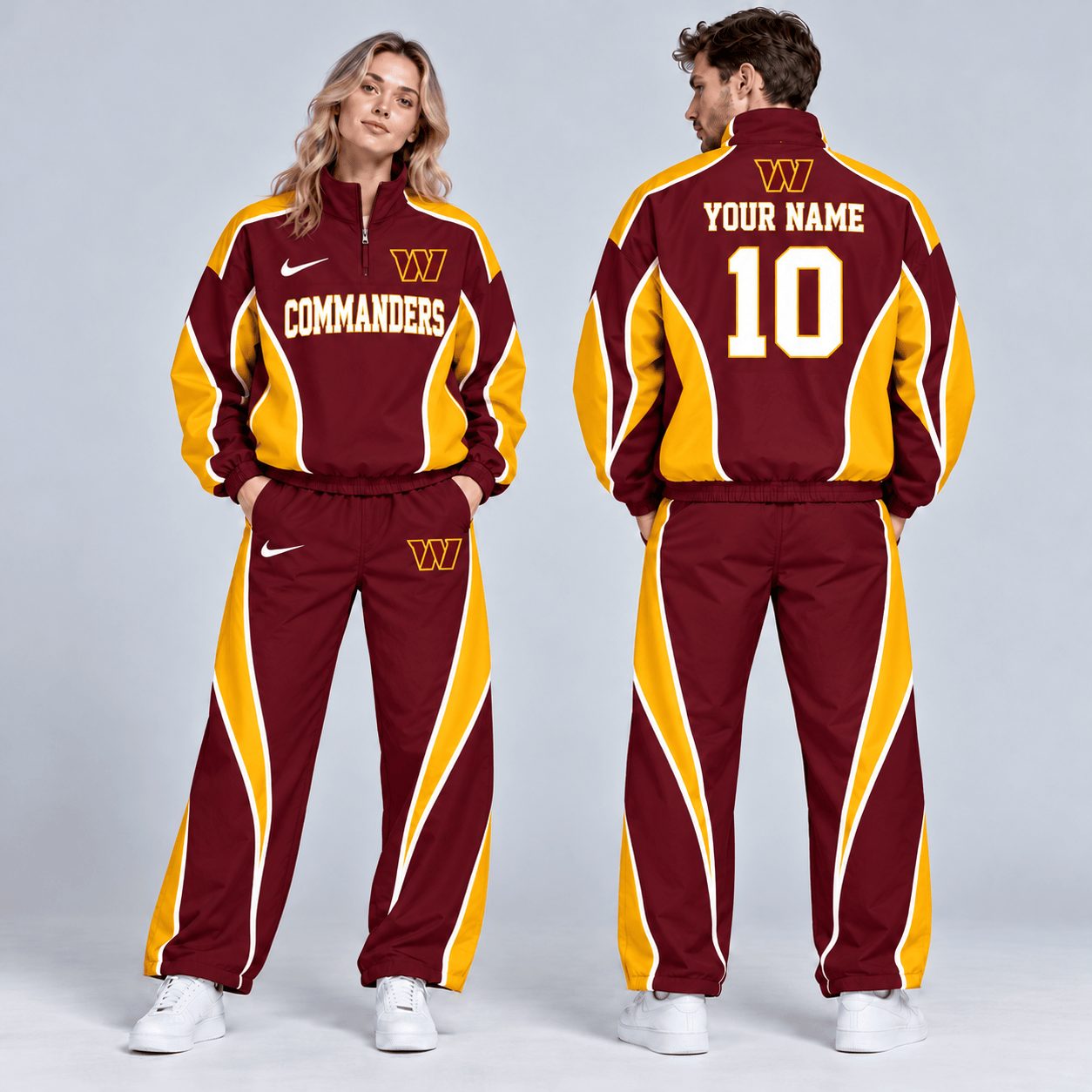 Washington Commanders | Premium NFL Custom Name Number Sporty Curve Panel Quarter Zip Pullover Jacket And Wide Leg Pants Tracksuit Set NDN cover
