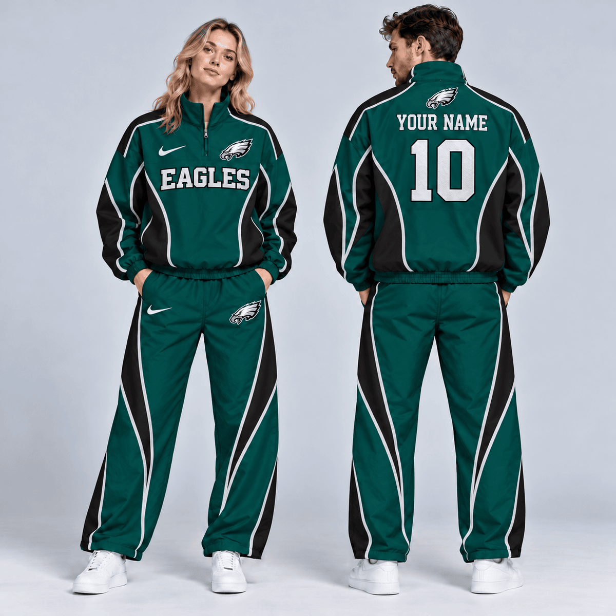 Philadelphia Eagles | Premium NFL Custom Name Number Sporty Curve Panel Quarter Zip Pullover Jacket And Wide Leg Pants Tracksuit Set NDN cover