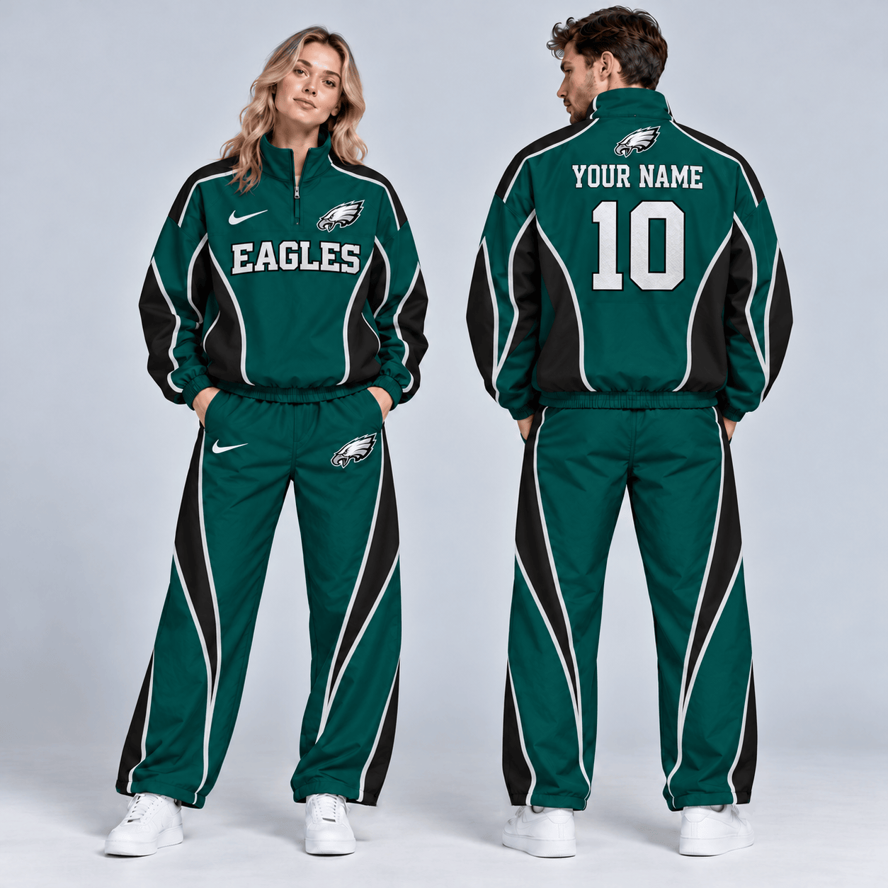 Philadelphia Eagles | Premium NFL Custom Name Number Sporty Curve Panel Quarter Zip Pullover Jacket And Wide Leg Pants Tracksuit Set NDN cover